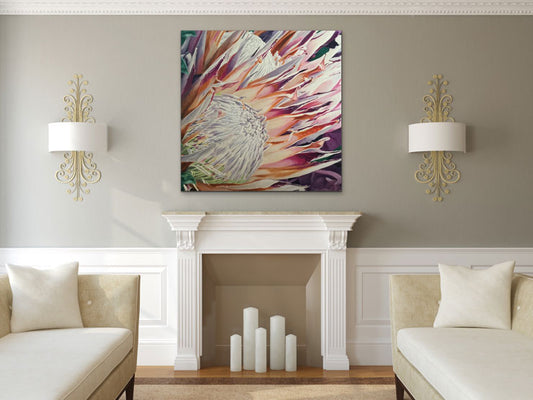'King Protea Joyous' by Camellia Morris an oil on canvas, 100 x 100 cm.