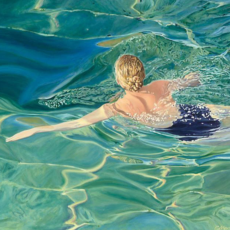 Breeze #2 a limited edition print by Camellia Morris featuring a woman with blonde hair gliding through the water in a Sydney ocean rockpool.