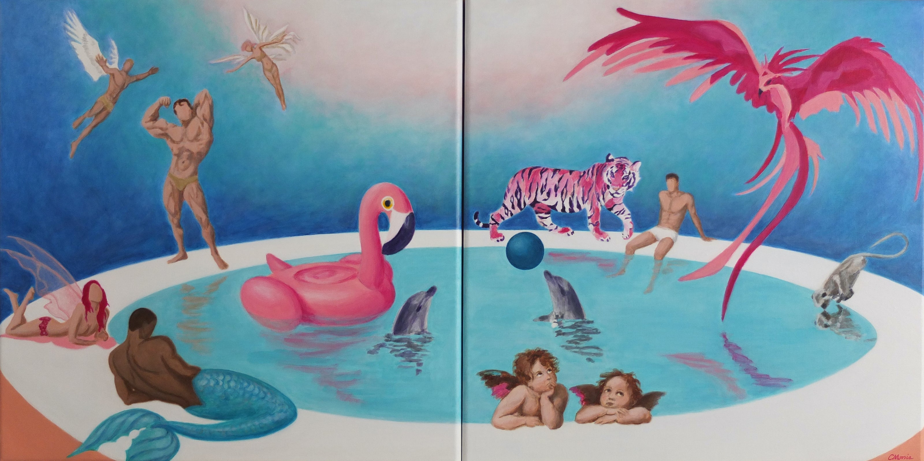 Fur, Feathers & Fins (diptych), Acrylic on linen by Camellia Morris